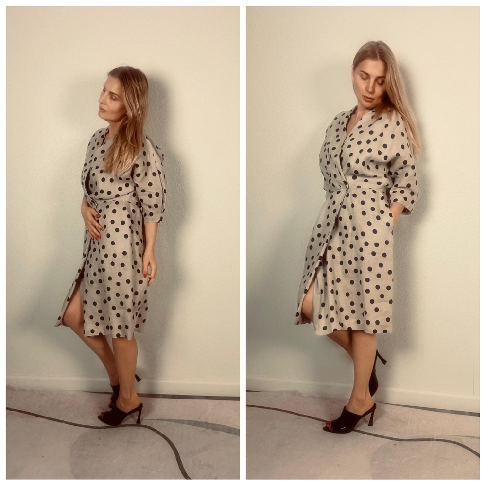 Vintage Hanae Mori Midi Dress Size  12 Polka Dots 100% Linen Kimono Sleeve Lined